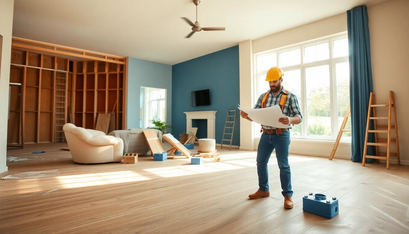 Home renovation project with a contractor planning in a beautifully lit living room environment.