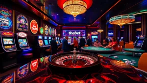 Players bet at the luxurious Thabet casino showcasing glamorous gaming tables and vibrant slot machines.