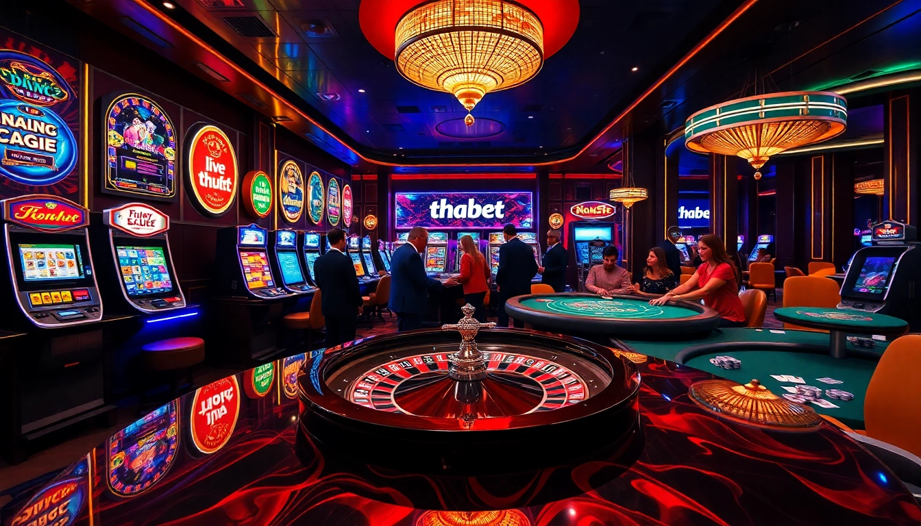 Players bet at the luxurious Thabet casino showcasing glamorous gaming tables and vibrant slot machines.