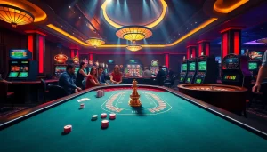 Experience the thrill of F168 with vibrant casino games and interactive betting tables in a luxurious setting.