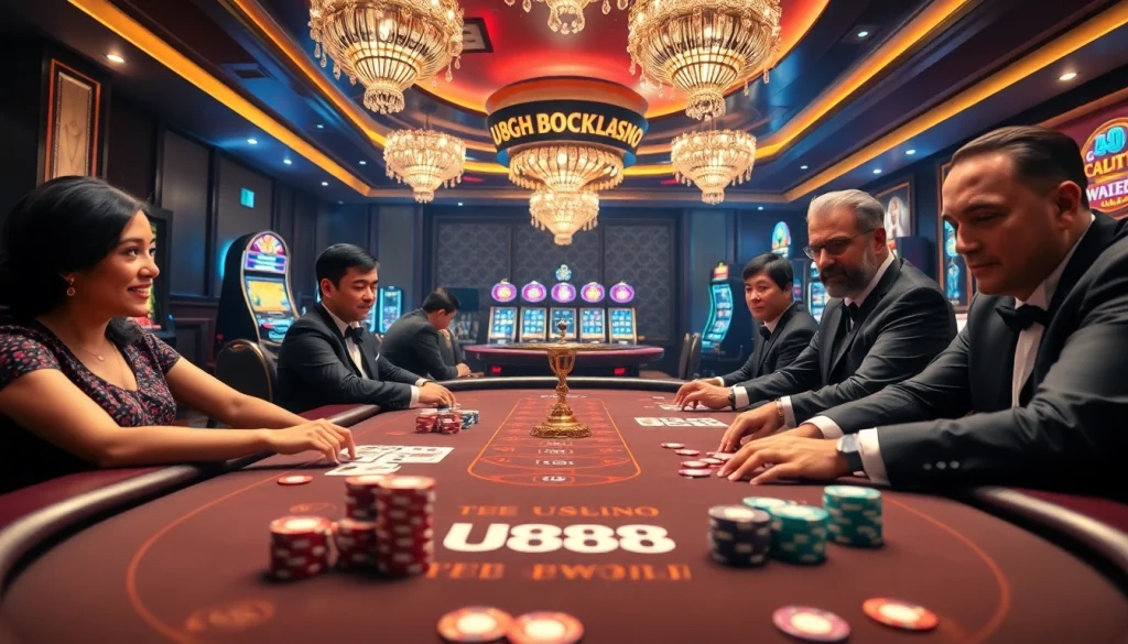 Experience the thrill of U888 in a vibrant casino setting with players at a high-stakes table.