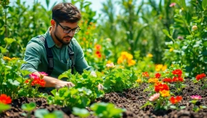 Gardening enthusiast cultivating a vegetable garden with colorful flowers and lush greenery.