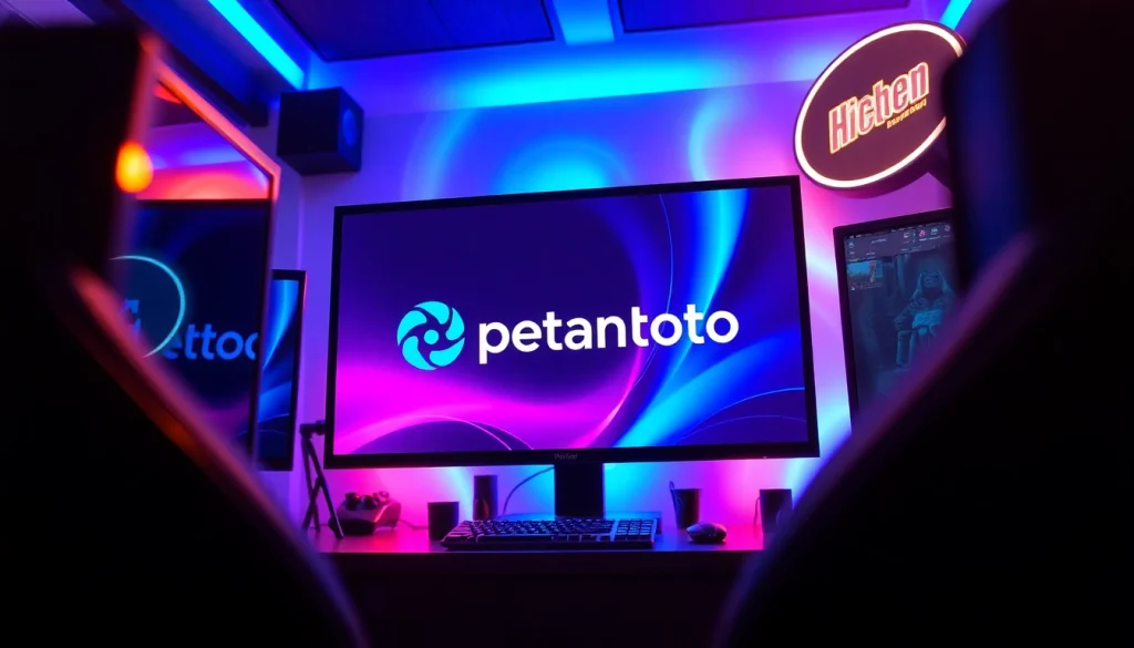 Menampilkan logo petanitoto di layar gaming dengan peralatan modern yang menarik.