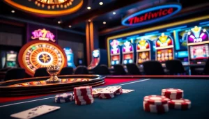 A thrilling game setup showcasing the vibrant atmosphere of 789win com with roulette wheel and slot machines.