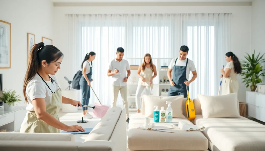 Cleaning service team professionally cleaning and organizing a modern home environment.