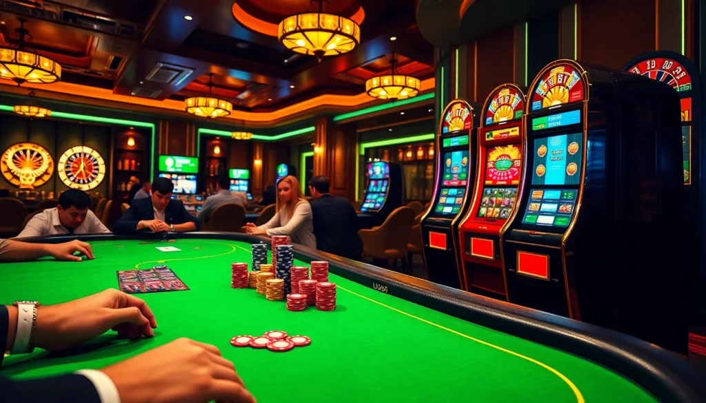 Experience UU88 thrilling casino action with players at vibrant poker tables and roulette wheels.