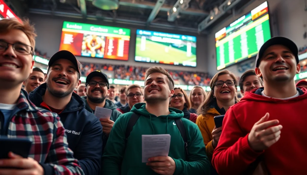 Engaged bettors enjoying sports betting in Canada with a lively arena backdrop.