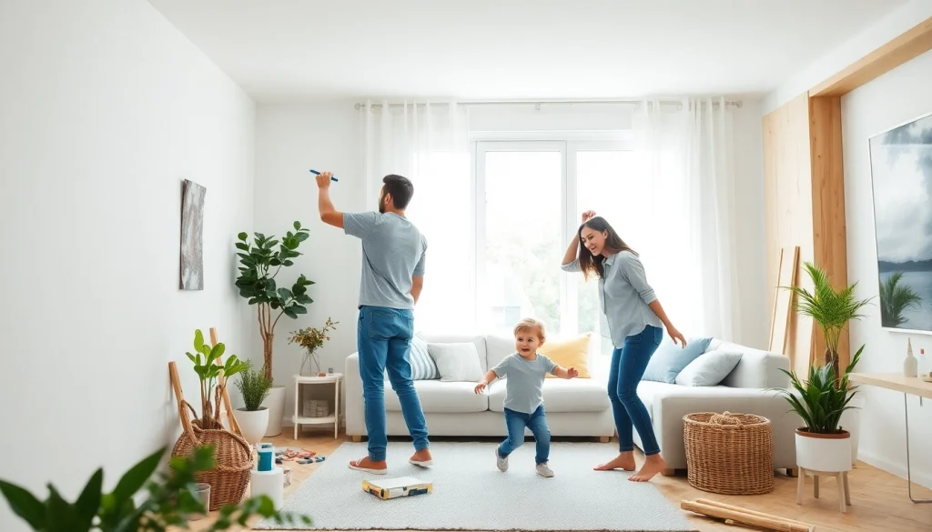 Enhance your home renovation with a family collaborating on a DIY project in a bright living room.