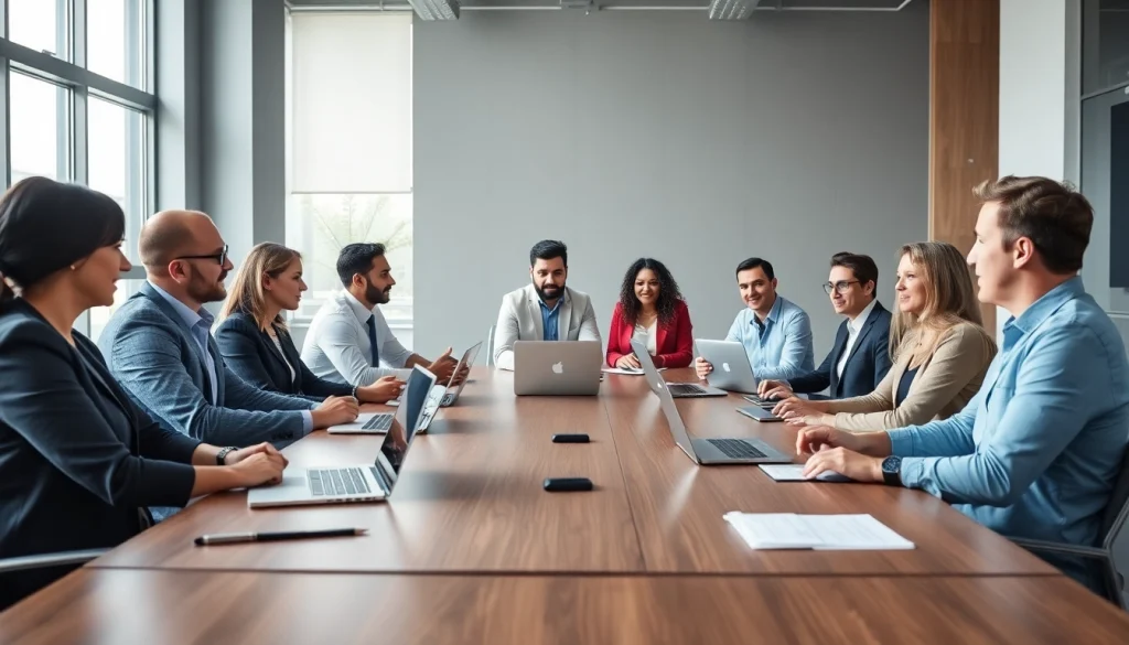 Engaged business professionals in a modern meeting environment fostering innovation.