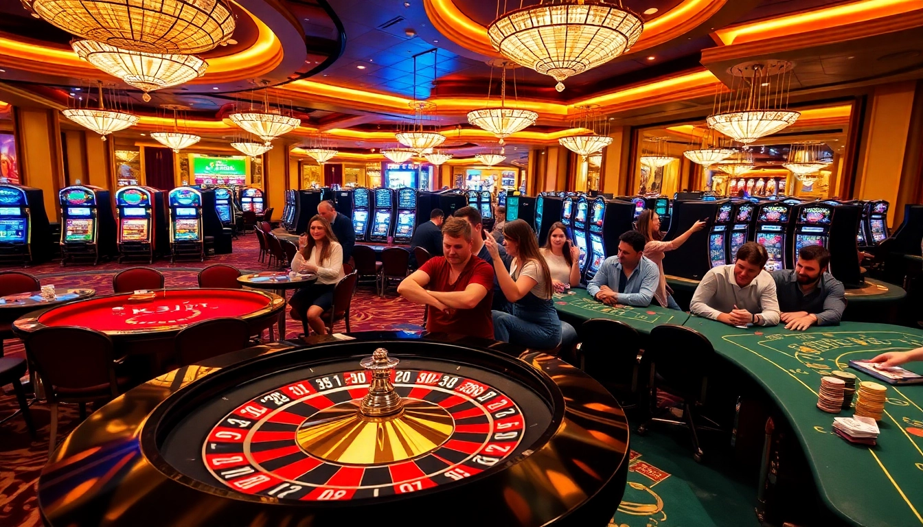 KJC logo on a roulette wheel amidst a vibrant casino scene with enthusiastic players.