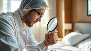 Inspecting for bed bugs at https://affordablebedbugexterminators.com with a professional technician in a clean bedroom.