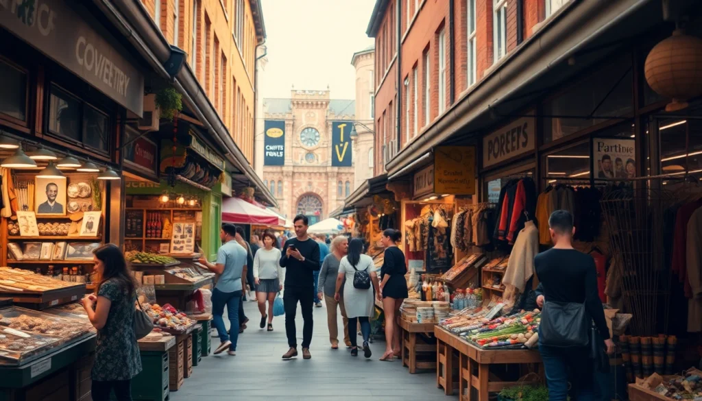 Coventry street market scene with colorful stalls and local vendors at https://coventryhub.co.uk, showcasing vibrant community spirit.