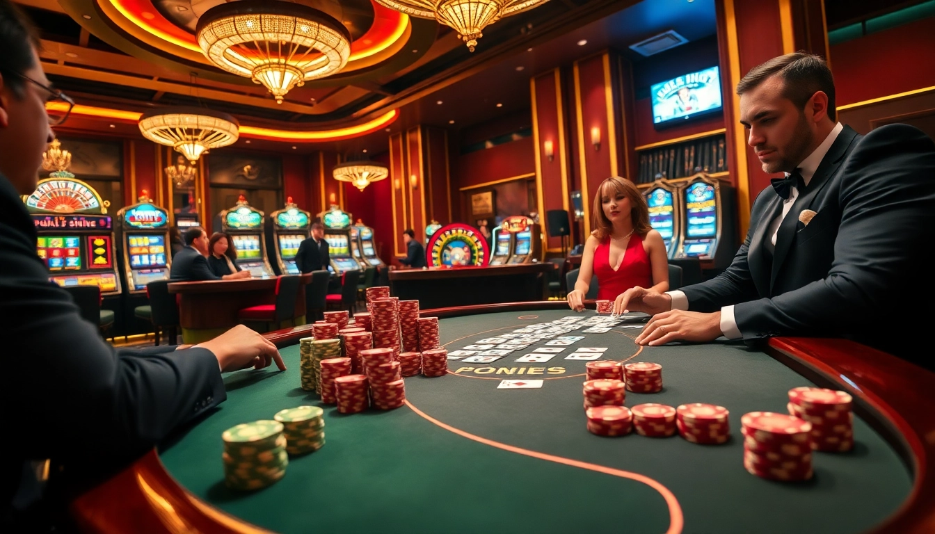 A vibrant casino scene highlighting Nhà Cái Uy Tín with players engaged at a poker table, showcasing luxury and excitement in gambling.