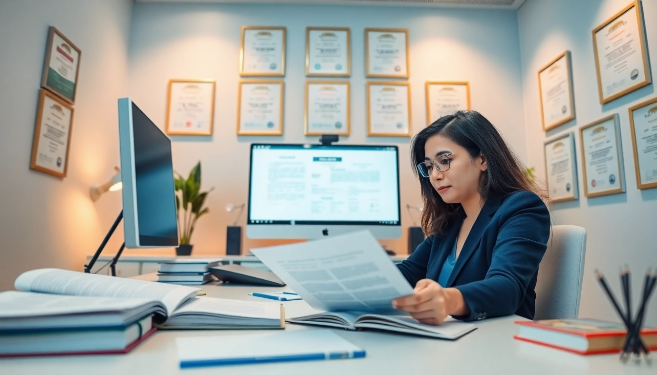 Professional translator jurado working in an office with documents and certificates.
