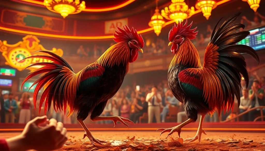 Engage with đá gà trực tiếp thomo as roosters battle in a vibrant casino setting.