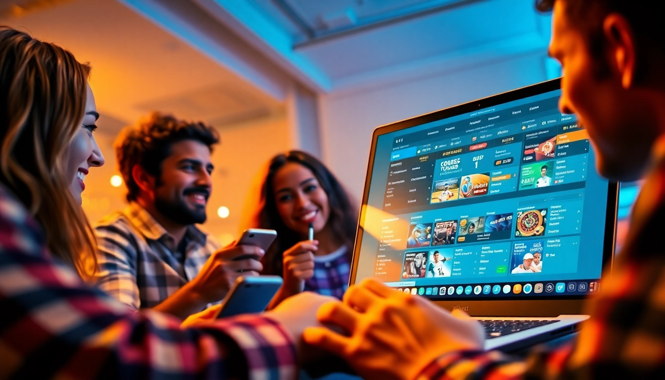 Exciting online betting experience at 8Kbet with diverse friends engaging in casino games and sports betting.