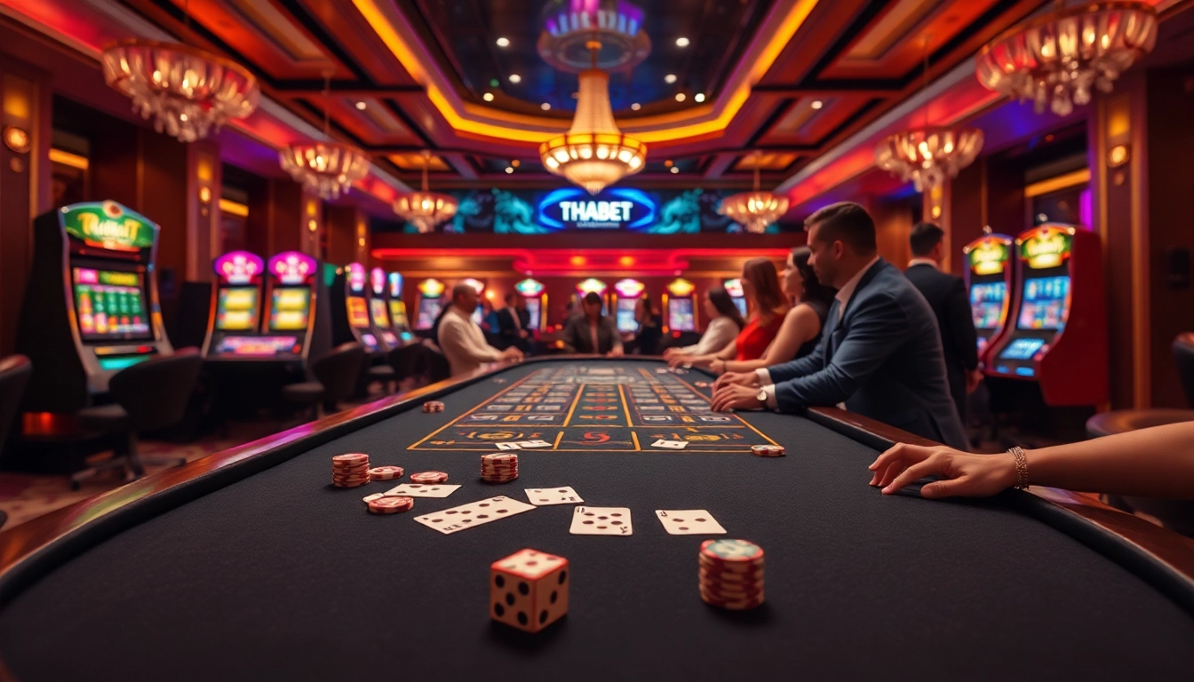 THABET online casino interface showcasing a vibrant gambling scene with chips, cards, and players.