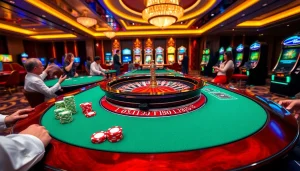Players enjoying a thrilling game at a vibrant 789 win casino table, showcasing excitement and luxury.