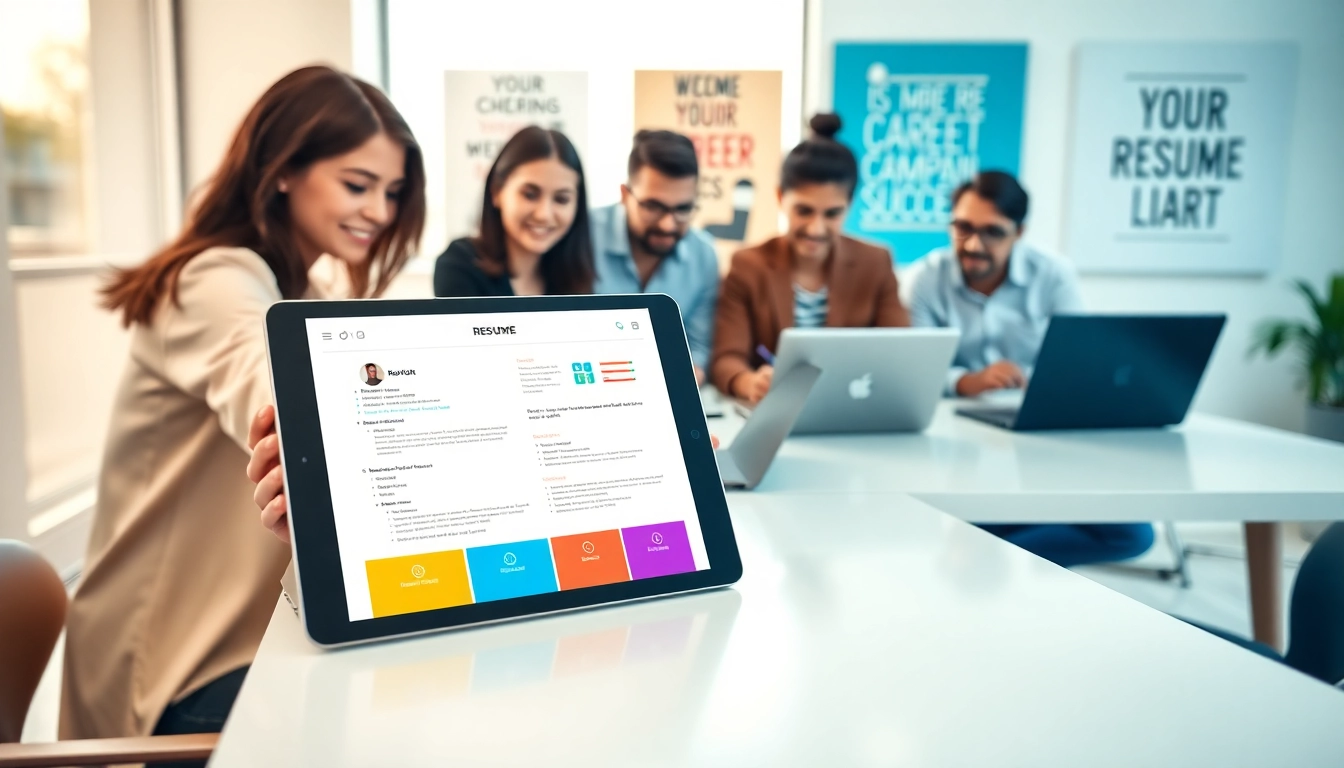 Engaging resume building process with diverse professionals collaborating on resumes.