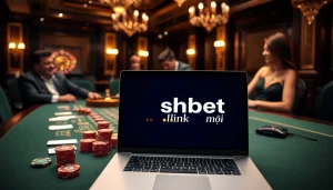 Engaging scene of casino gaming with poker chips and shbet link mới on display.