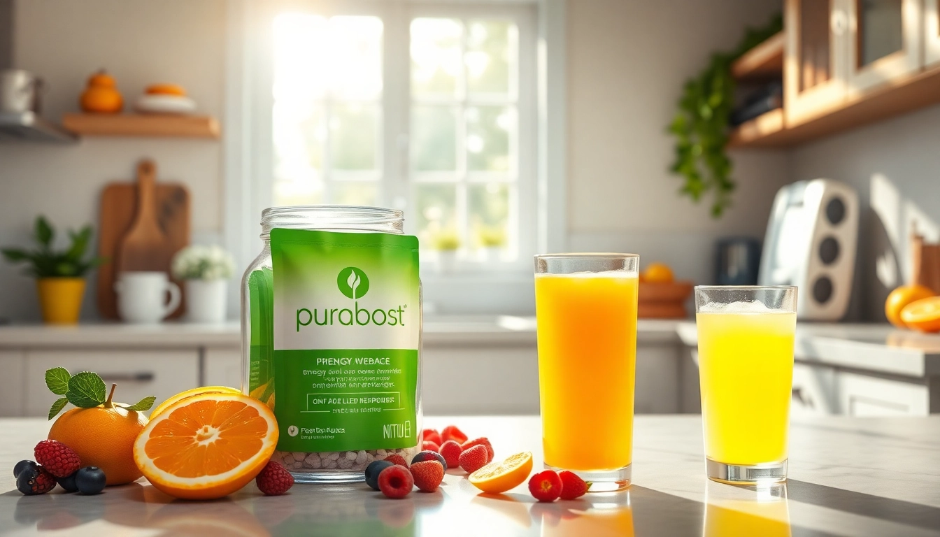Puraboost energy drink showcased in a vibrant kitchen with fresh fruits, promoting a healthy lifestyle.