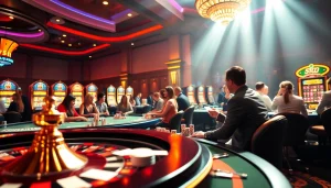 Experience the thrill of HB88 with players engaged at casino tables and slot machines.