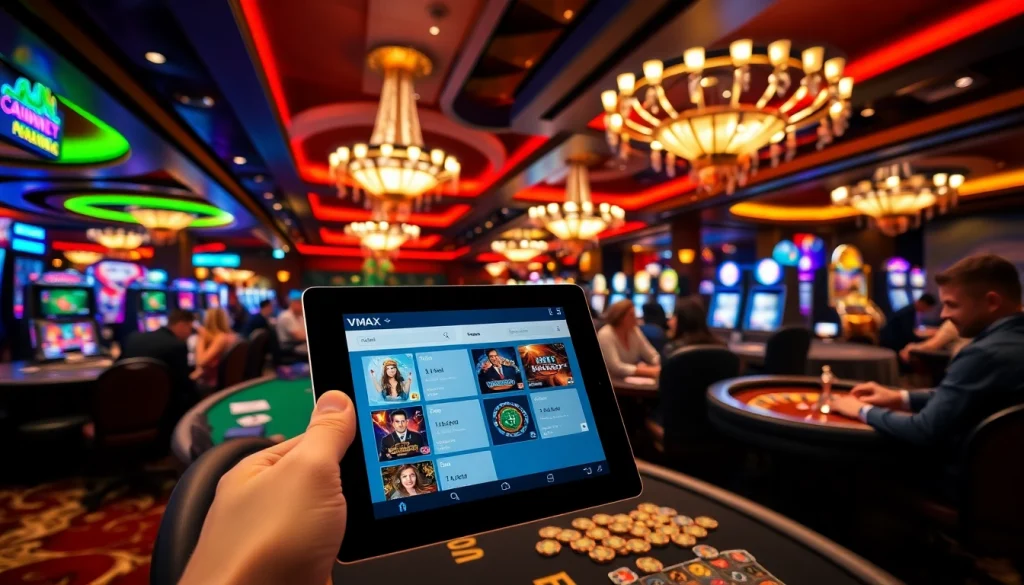 Players enjoying high-stakes games with the VMAX app displayed on a tablet in a luxurious casino setting.