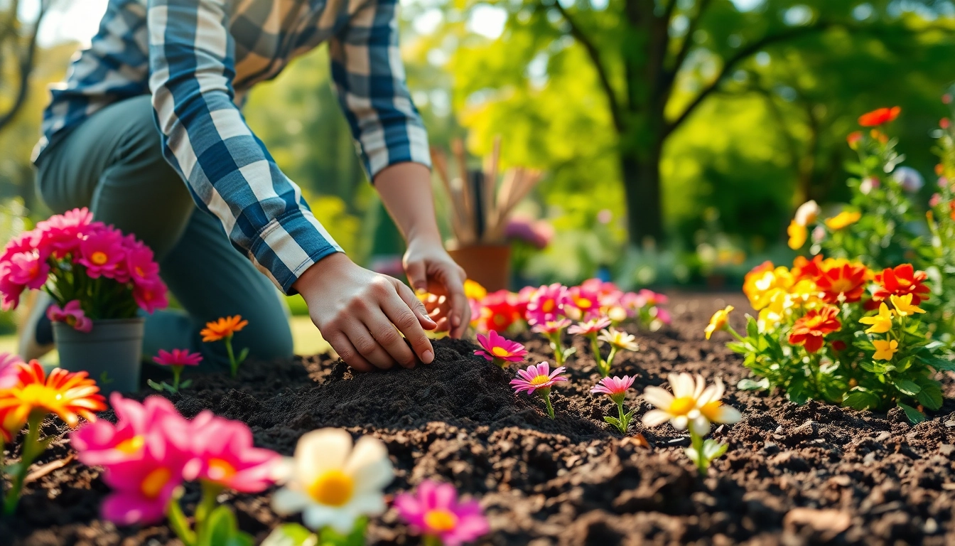 Engaging in Gardening activity with bright flowers and natural surroundings.