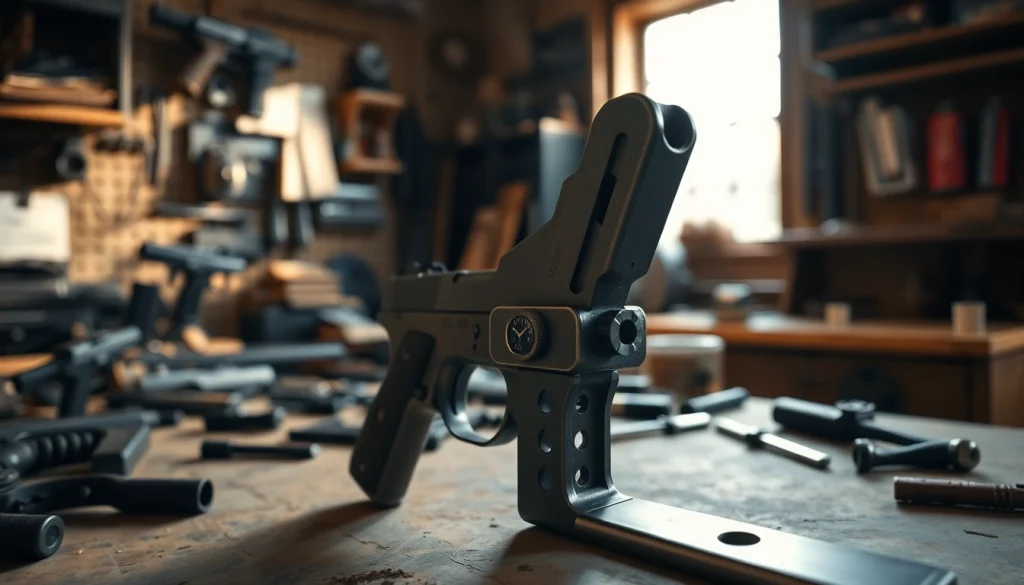 Install a super safety trigger against a workshop backdrop with detailed craftsmanship.