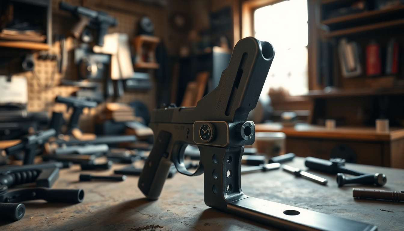 Install a super safety trigger against a workshop backdrop with detailed craftsmanship.