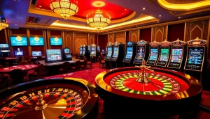 5GBET casino scene with exciting roulette action and colorful slot machines.