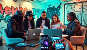 Hip hop PR agency team brainstorming music marketing strategies in a modern office.