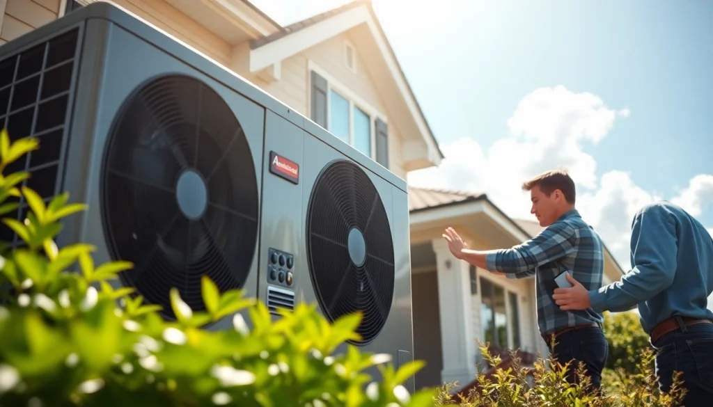 Technician installing american standard heat pumps outside a modern home.
