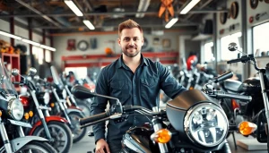 Motorrad Verkaufen Ankauf - Ein professioneller Motorrad-Verkäufer in einer Werkstatt mit Motorrädern.