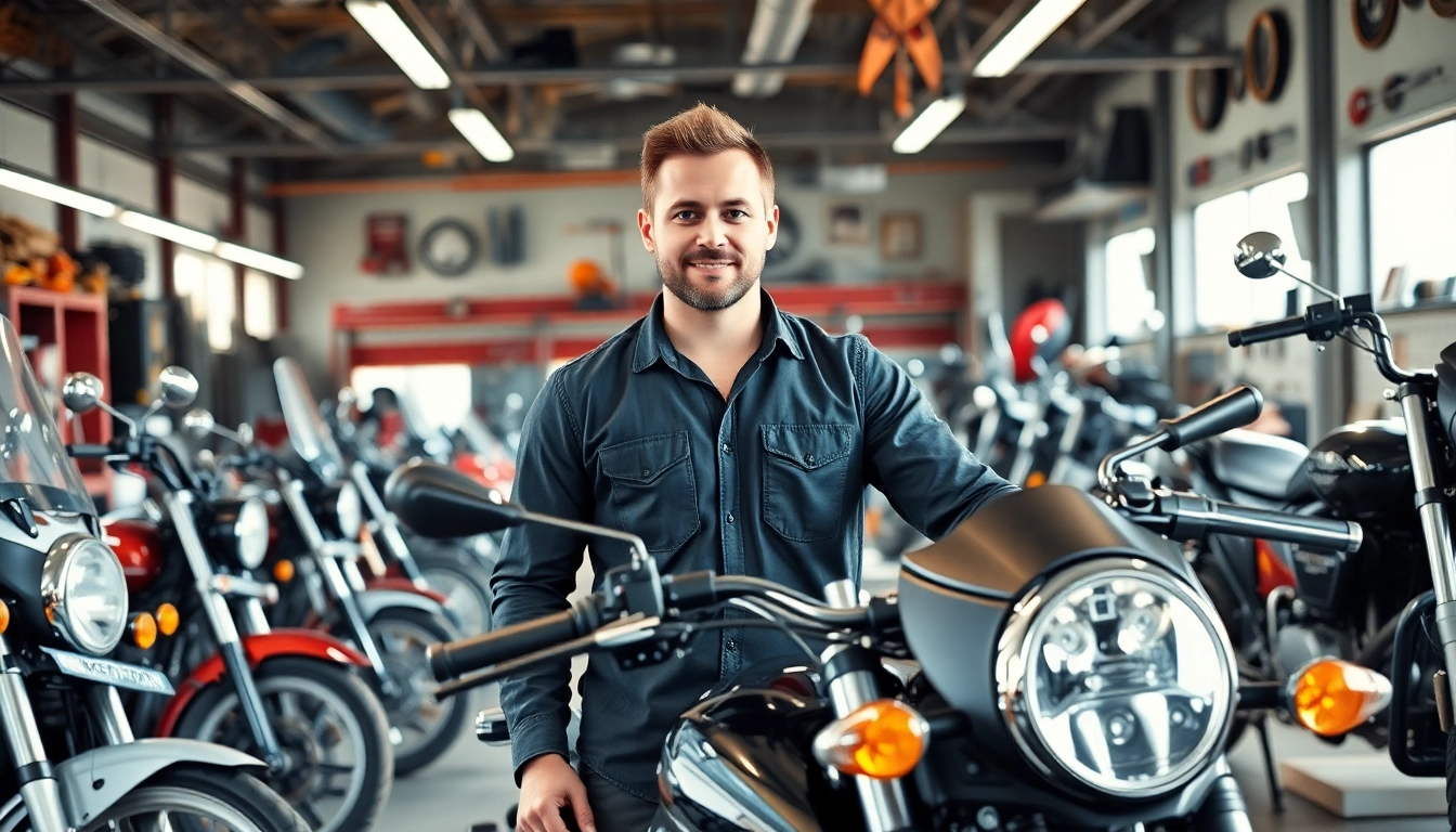 Motorrad Verkaufen Ankauf - Ein professioneller Motorrad-Verkäufer in einer Werkstatt mit Motorrädern.