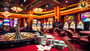 Players enjoying high-stakes games at 54BET with vibrant slot machines and roulette wheels.
