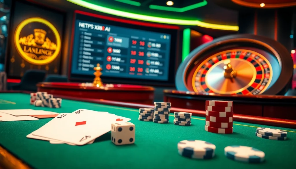 Experience thrilling gameplay at https://xx88.ai/ with an engaging casino table setup featuring cards, chips, and roulette.