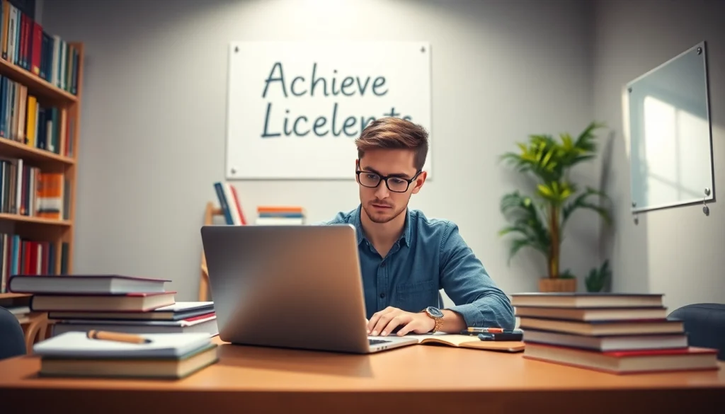 Student working on a lucrare licenta in a bright study environment, focused and determined.