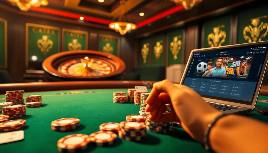 Experience the thrill of Nhà Cái S8 with vibrant casino visuals featuring poker tables and roulette wheels.