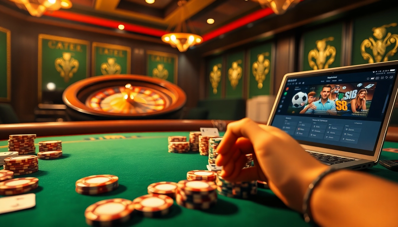 Experience the thrill of Nhà Cái S8 with vibrant casino visuals featuring poker tables and roulette wheels.
