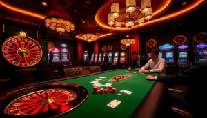 Experience the thrill of game 79king in a luxurious casino atmosphere with vibrant slot machines and poker games.
