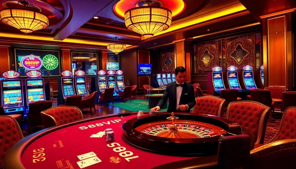 S88VIP casino scene showcasing vibrant gaming tables and slot machines in a luxurious environment.