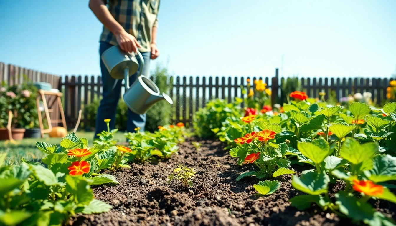 Gardening tips and techniques illustrated with a vibrant vegetable garden scene.
