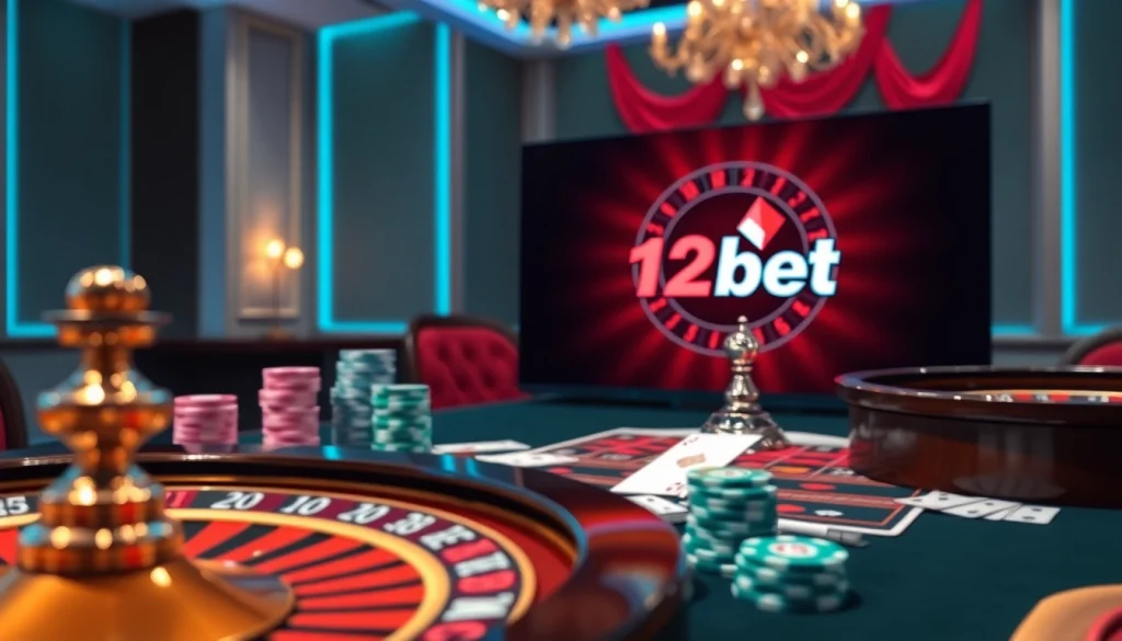 Experience the thrill of online betting with 12bet, showcasing casino tables, chips, and games.