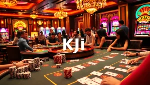 KJC-themed luxurious casino atmosphere with poker tables and vibrant slot machines.