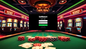 Login to Betsson with an inviting casino environment showcasing poker chips and a roulette wheel.