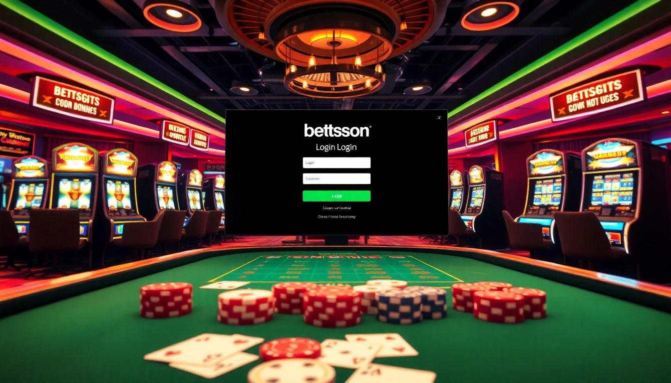 Login to Betsson with an inviting casino environment showcasing poker chips and a roulette wheel.