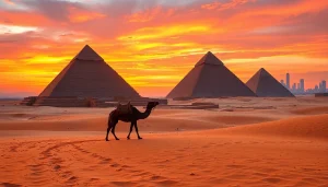 Witness the majestic Giza Pyramids at sunset while visiting https://emegypt.net for an unforgettable experience.
