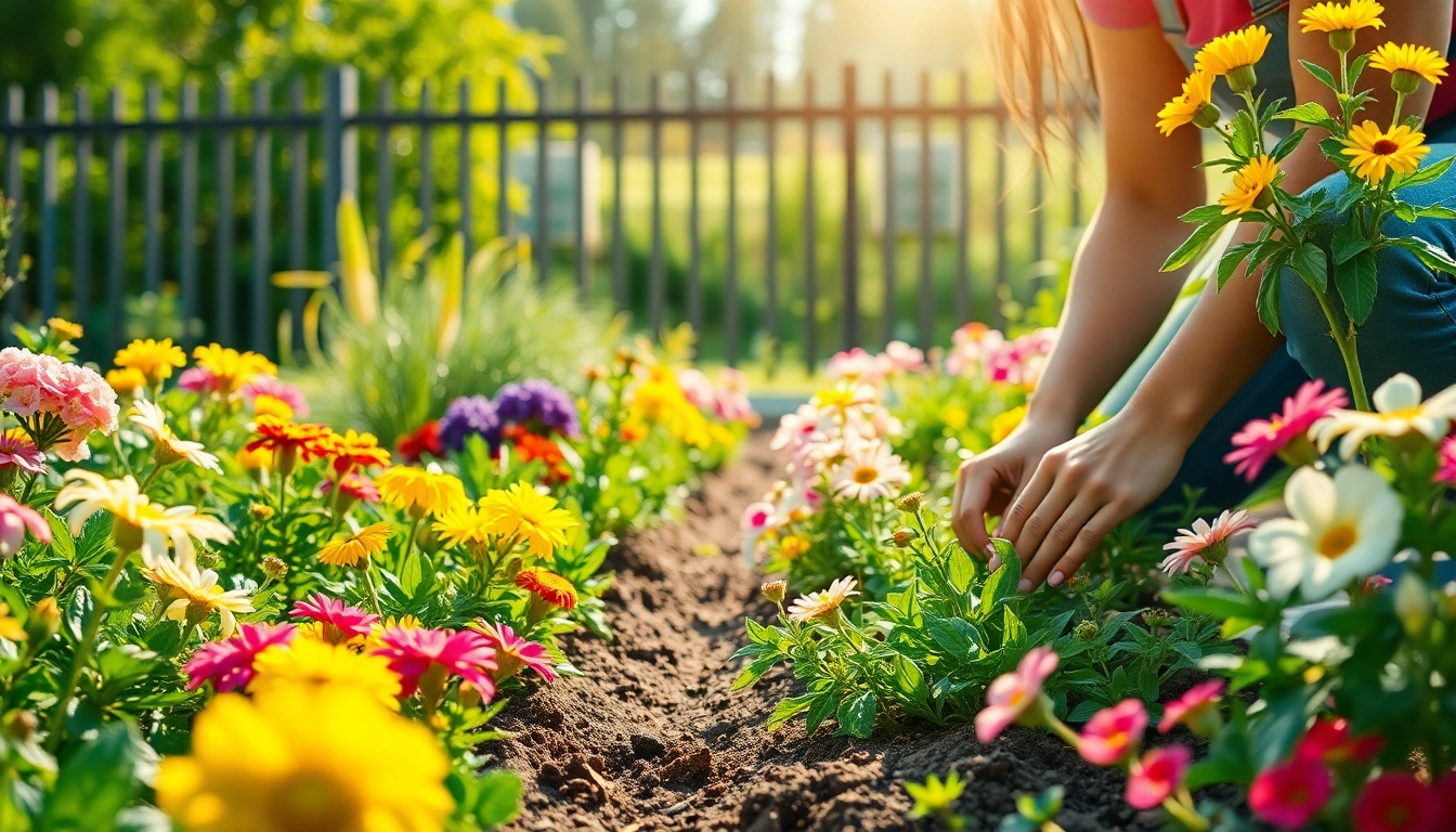 Gardening enthusiast nurturing colorful flowers in a flourishing garden.