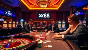Players enjoying high-stakes poker at https://xx88.pizza/, surrounded by a lively casino atmosphere.
